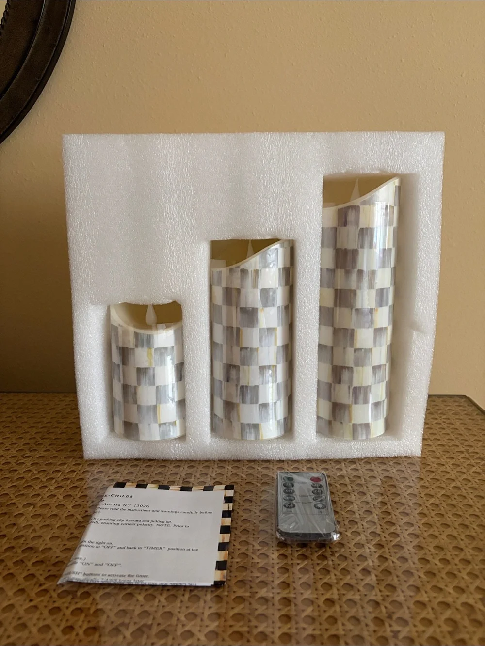 MacKenzie-Childs Sterling Check Flameless Candle Trio - Gray and Cream Mosaic